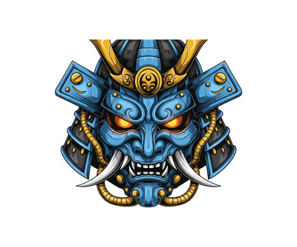 Blue stylized Japanese oni mask inspired by samurai armor with glowing eyes