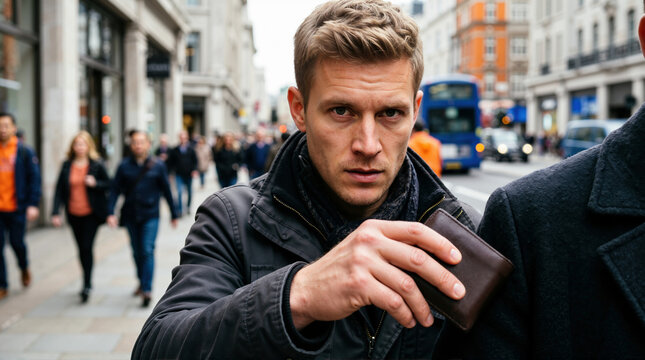 Male pickpocket stealing wallet on a busy street. Thief taking brown leather wallet from a man's pocket