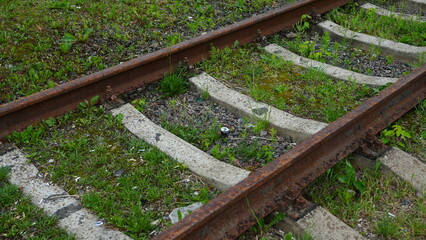Old railway tracks with rusty rails, concrete sleepers and growing vegetation representing transport infrastructure © belavinstock