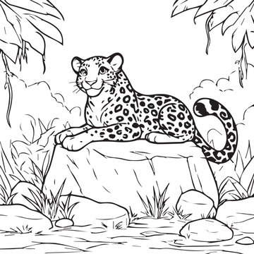Black and white line art of a resting leopard on a stone in a lush forest with wildlife illustration monochrome coloring predator wilderness