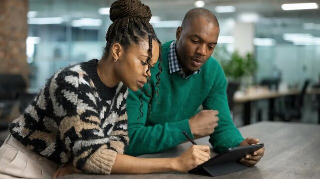 Medium shot of staff intently reviewing trade reports on a tablet with blurred office background highlighting compliance verification during routine audit process.