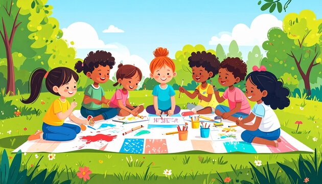 Happy children enjoying outdoor picnic with friends.