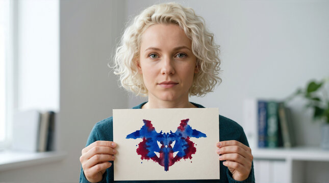 Young woman holding Rorschach inkblot test card. Female patient during psychological evaluation in modern clinic. Mental health assessment concept