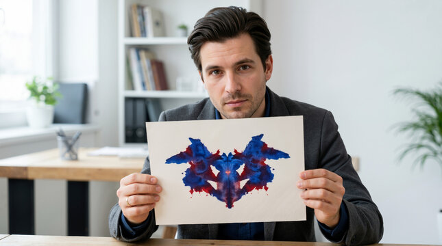 Young man holding Rorschach inkblot test card. Male patient undergoing psychological evaluation in modern office. Mental health assessment concept