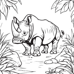 Fototapeta premium Black and white line art illustration of a rhinoceros in tropical foliage with coloring book wild animal rhinoceros wildlife tropical creature