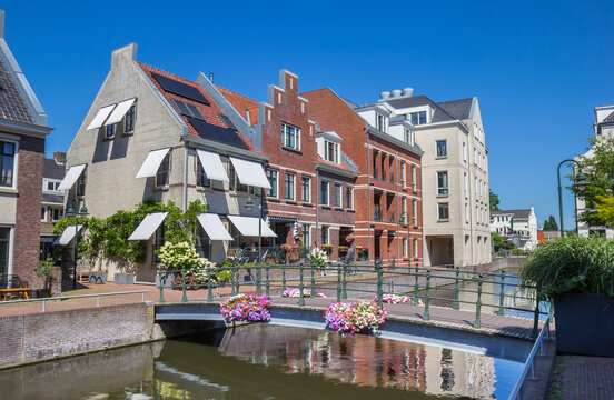 Bridge with pink flowers in the Landstraat-Noord quarter of Bussum, Netherlands