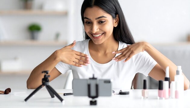 Woman recording makeup tutorial on phone, surrounded by products