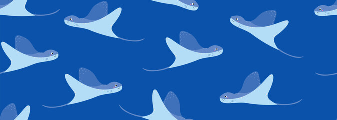 Fototapeta premium Cute stingray seamless pattern on dark blue ocean background. Hand drawn cartoon vector illustration of blue manta rays swimming for kids fabric, nursery wallpaper and apparel.