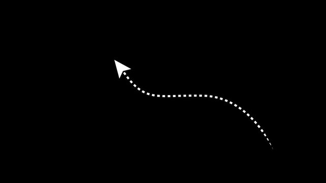 White dashed curved arrow line animation drawing on black background.animation...