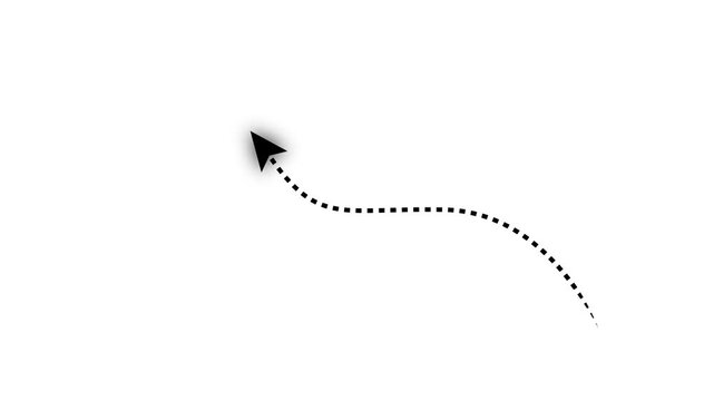 White dashed curved arrow line animation drawing on black background.animation...