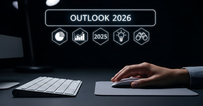 Professional using Microsoft Outlook 2026 on desktop computer. Businessperson managing emails and calendar with modern office software interface.