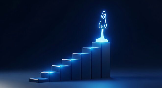 3D human figure ascending futuristic digital staircase. Cyber avatar climbing glowing blue tech steps in virtual reality environment.