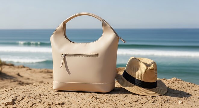 Stylish leather handbag and straw fedora hat resting on sandy beach with beautiful blue ocean waves in the background