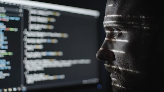 A close-up of a focused developer's profile as he works on code late at night, with the glowing lines from the monitor reflected onto his face.