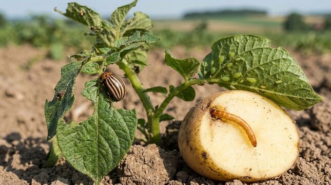 colorado potato beetle larvae and adult on potato plant beside a cut potato in dry field soil, close view in sunlight, conveys crop pest risk and farm management