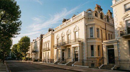 Obraz premium Elegant cream colored Victorian townhouses lining a quiet London street