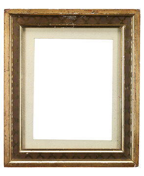 Vintage gold picture frame with textured passepartout isolated on transparent background (png). Antique distressed golden portrait border template with grunge patina and cutout center for mockup.