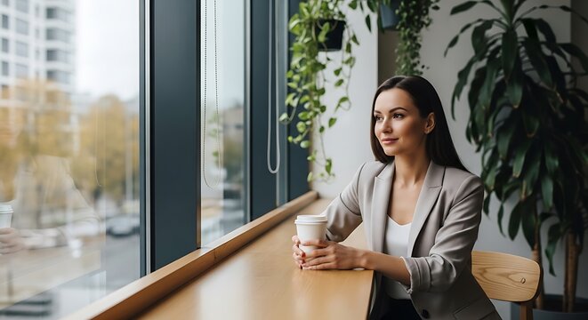 Young woman sitting by a bright window in a modern cafe drinking coffee and looking outside at the city street