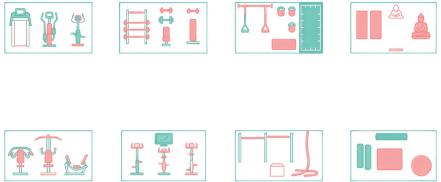 Fitness Center Training Zone Layout Icon Set with Strength Equipment Functional Workout Areas Yoga Studio and Gym Spaces Vector