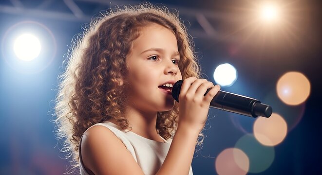 A cute little girl singing into a microphone on a stage with colorful bokeh lights in the background