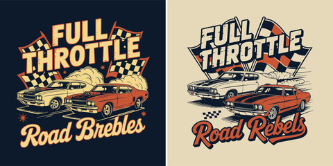 Vintage racing illustration featuring fast muscle cars and checkered flags © Vectyx