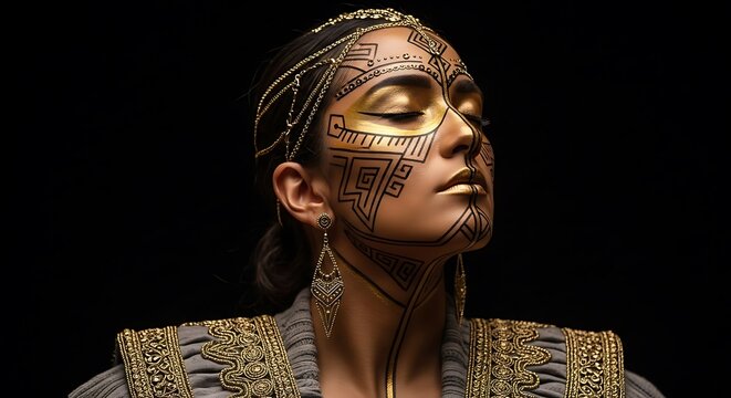 Young woman with traditional tribal golden face paint and ethnic jewelry looking peaceful against a dark background