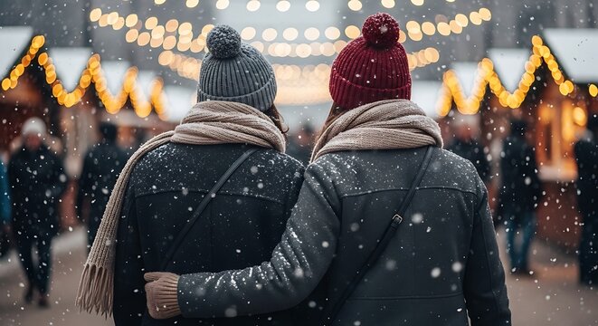 Couple walking together at a festive outdoor Christmas market during a snowy winter night with bright golden lights