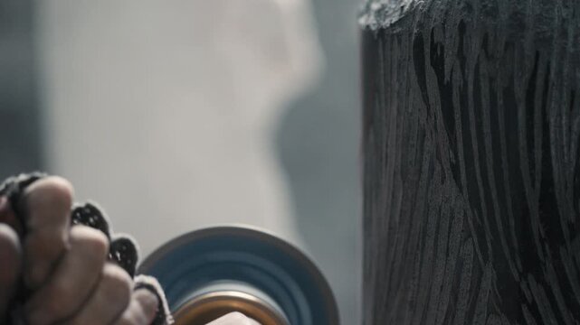 Sculptor using an angle grinder to carve stone in a workshop setting during daytime hours