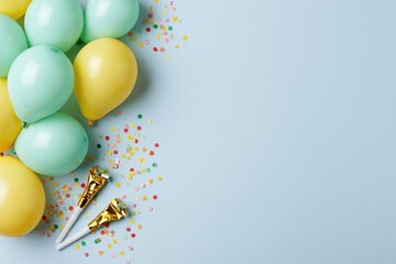Fototapeta premium The Balloons Celebration Scene with Confetti, Poppers, and Pastel Colors on Blue
