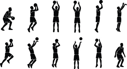 Basketball player shooting jump shot action silhouette set © Firoj