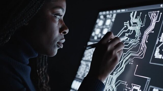 A focused female engineer uses a stylus to design intricate circuit patterns on a glowing digital display in a dimly lit workspace, showcasing high-tech development and innovation.