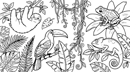 Tropical Rainforest Animals Black and White Vector Icon Collection, Hand Drawn Jungle Doodles, Sloth Hanging on Branch, Toucan Bird, Tree Frog, Chameleon Lizard and Exotic Palm Leaves.
