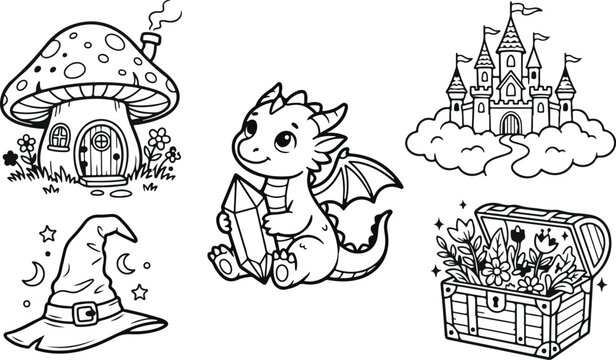 Cute Fantasy Kingdom Black and White Vector Icon Collection, Hand Drawn Fairytale Doodles, Baby Dragon with Crystal, Mushroom House, Cloud Castle, Witch Hat and Treasure Chest.