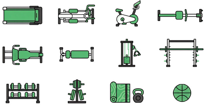 Modern green color fitness equipment icon set includes various fitness equipment vectors