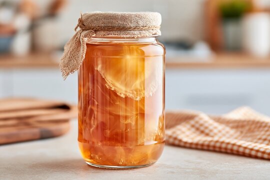 Homemade kombucha fermenting in a large glass jar on kitchen counter, showcasing the active SCOBY and tea-colored liquid. Homemade kombucha ferments inside large glass jar on clean kitchen counter