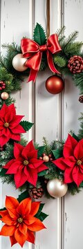Vintage Christmas Wreath with Decorations and Poinsettia, holidays, ||festive