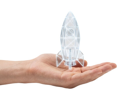 A human hand holding a glowing 3d wireframe rocket ship representing innovation and startup growth, isolated on a black background isolated on a transparent background