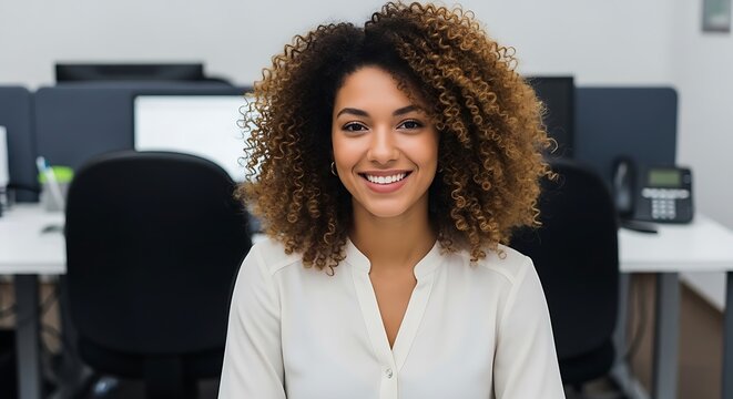 Smiling young woman with curly hair looking at camera while sitting in a modern office environment