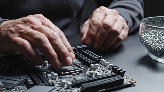 A person's hands meticulously work on a computer motherboard, handling small metal spheres and components near the CPU socket in a dimly lit, technical setting.