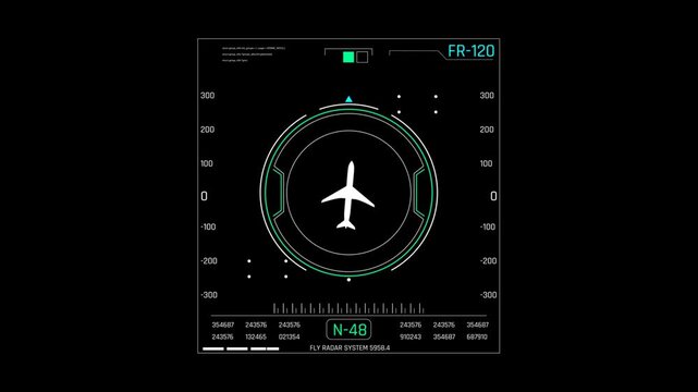 Futuristic Aviation HUD PFD Screen with White Airplane Silhouette and Flight Telemetry for Sci-Fi Video Production