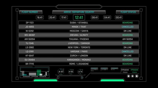 Futuristic Airport Departure Board HUD Screen with Flight Timetable and Travel Status for Sci-Fi Video Editing