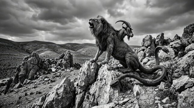 Mythological chimera creature standing on rugged mountain rocks.