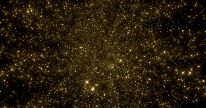 Glittering gold confetti flying in black background. Sparkling glow effect. 4K 3D rendering loop animation.