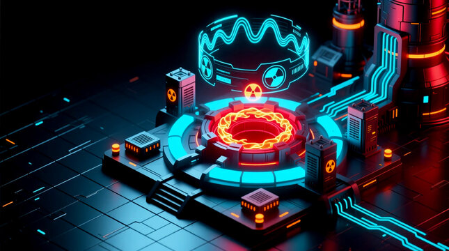 Isometric 3D render of futuristic nuclear fusion core reactor generating unlimited clean power in science lab representing viable Energy Crisis Solutions