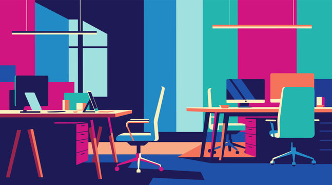 Open office workspace showing desks chairs computers in interior