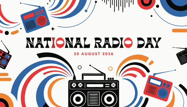 Colorful retro radio illustration celebrating national radio day in August