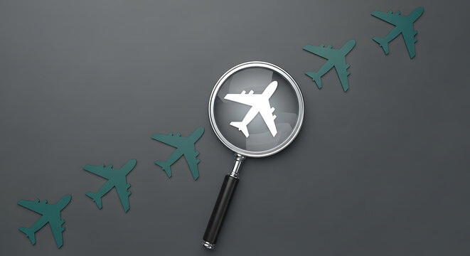 Magnifying glass over airplane icon. Searching for flights and travel deals concept.