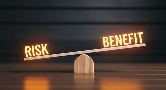 Risk versus benefit on a wooden scale. Business concept of weighing financial trade-offs.