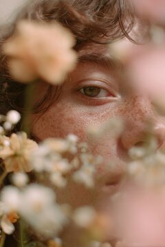Freckled face among flowers