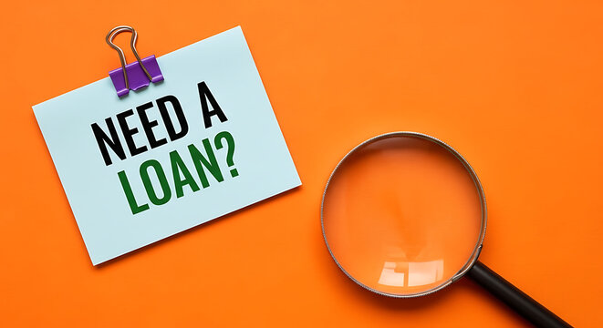 Need a loan text on paper with magnifying glass. Financial concept for borrowing money.